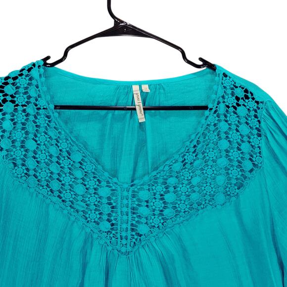 grand & greene Top sz 1X Women Aqua Blue Pink Peasant Boho Fairy Balloon Sleeves - Picture 11 of 14